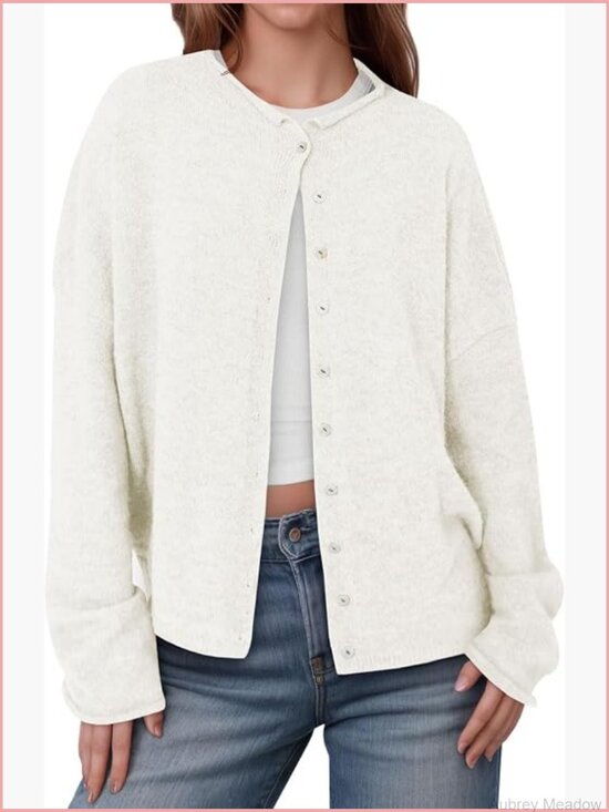 Sweaters - Button Up Cardigan Sweater Long Sleeve Crew Neck Knit Lightweight Fall Tops
